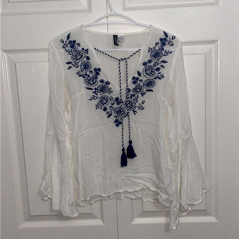 H&M US 4 | White Bell-Sleeve Blouse with Blue Embroidered Flowers and Tassels